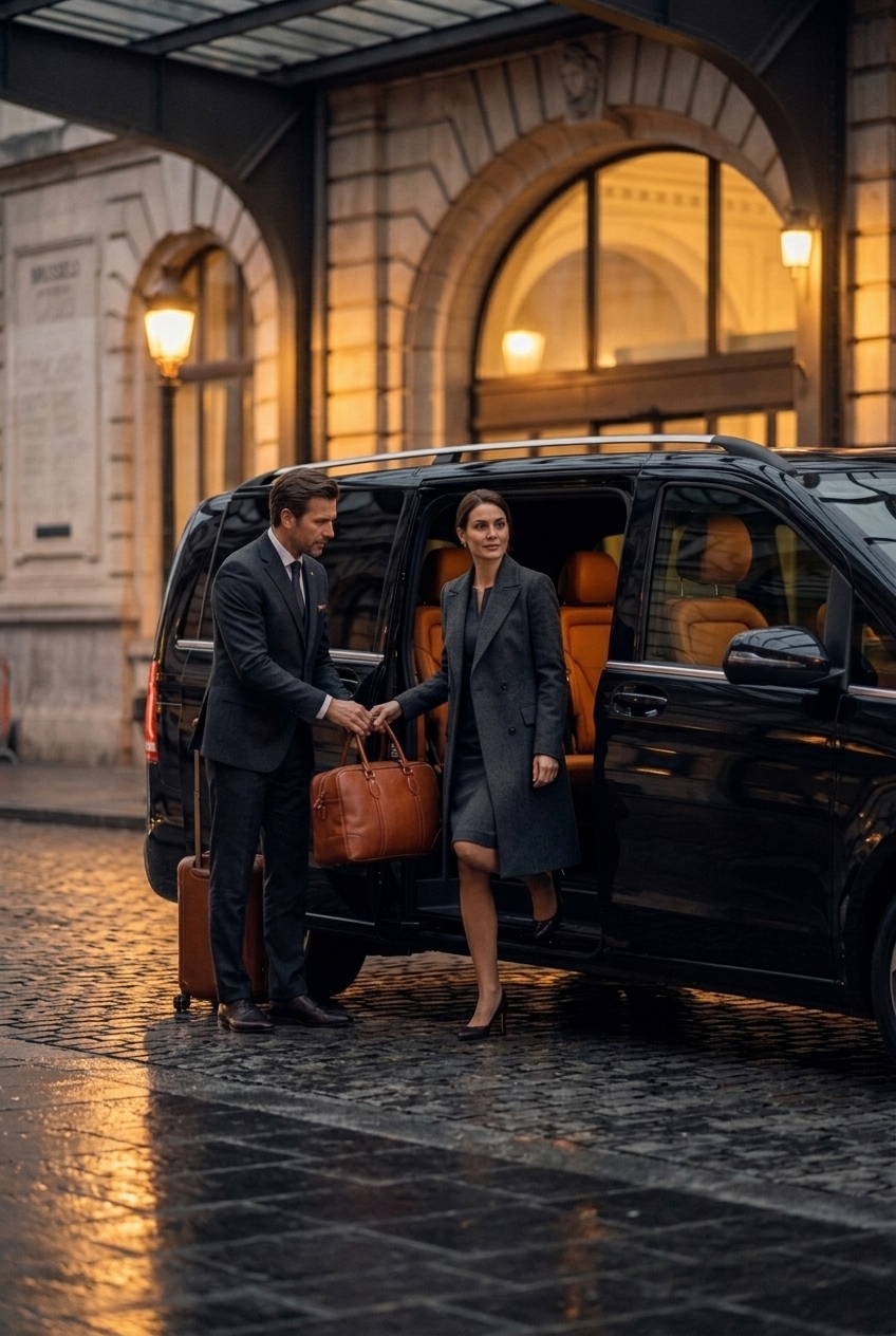 A chauffeur greeting two arriving passengers beside a black Mercedes at night.