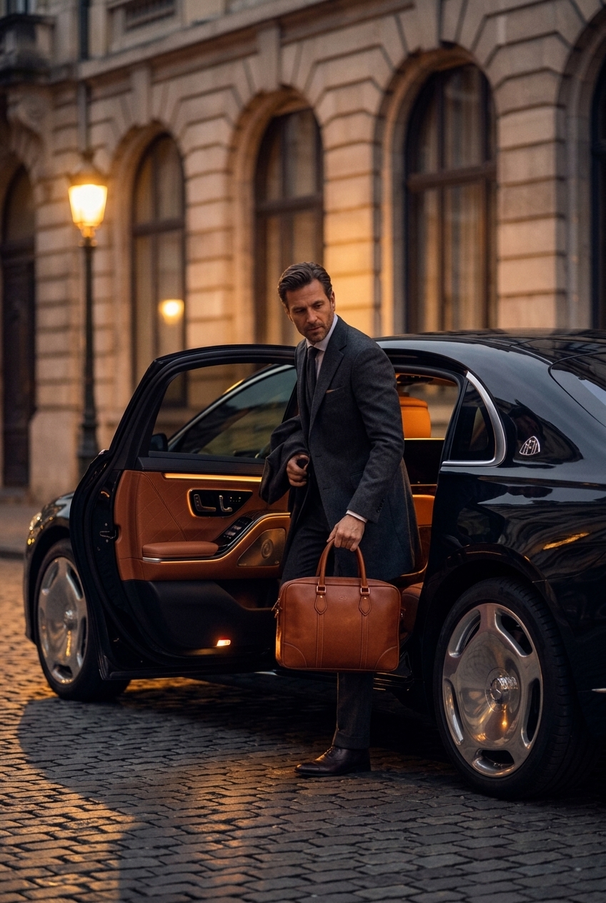 A traveller stepping from a black Mercedes with a leather holdall.