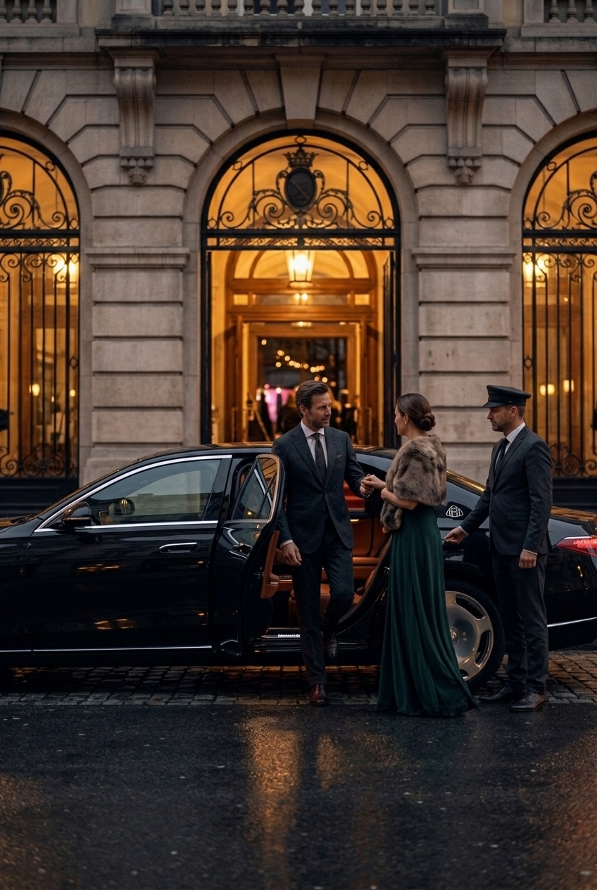 Guests in evening dress arriving at a lit venue beside a waiting Mercedes.
