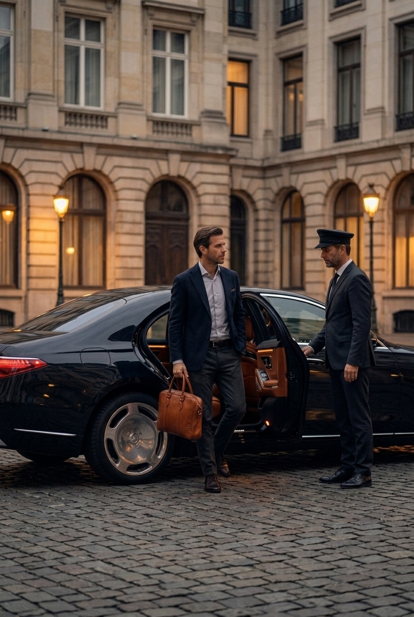 A chauffeur holding the rear door of a Mercedes open on a Brussels street.