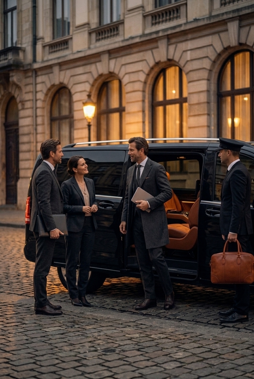 A small group boarding a Mercedes van held open by a chauffeur.