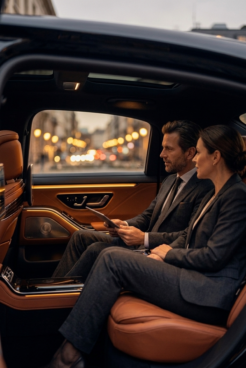 Two colleagues working in the rear cabin of a Mercedes as the city passes.