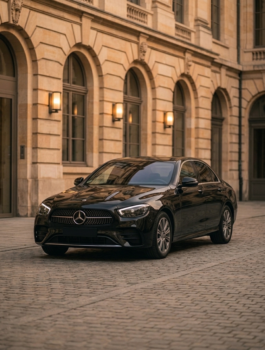 A black Mercedes E-Class saloon waiting on cobbles before a lit Brussels façade.
