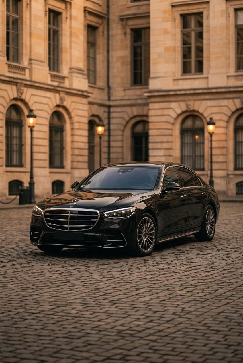 A black Mercedes S-Class saloon waiting on cobbles before a lit Brussels façade.