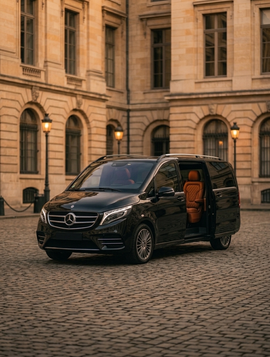 A black Mercedes V-Class van with its side door open before a lit Brussels façade.